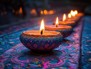 Lit ornate candles on a decorated surface at a nighttime ceremony.