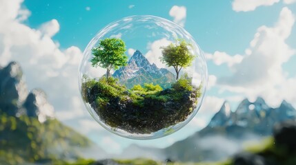 Environmental activism event featuring themed activists promoting nature conservation in a crystal sphere mountain landscape digital art concept