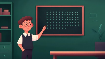 Cartoon Teacher Pointing to Braille Alphabet on Blackboard in Classroom Setting, Illustrating Educational Concept with Engaging and Fun Visuals
