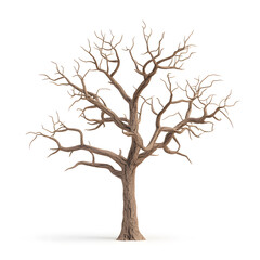 Obraz premium A barren tree rendered in lifelike 3D, showcasing a deeply textured trunk and an elaborate network of twisted branches. The fine details of the bark and subtle imperfections give it a naturalistic