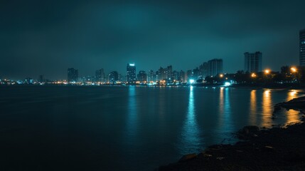 Fototapeta premium A nighttime cityscape reflecting on water with illuminated buildings and a moody atmosphere.