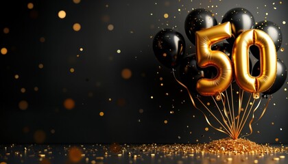 Golden balloons in shape of number 50 surrounded by black balloons, golden confetti. Black, golden decorations for fiftieth birthday golden wedding anniversary celebration. Festive event design.
