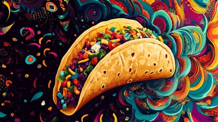 A colorful artistic representation of a taco set against a vibrant and abstract background. This visually appealing image showcases fresh ingredients in an imaginative way.