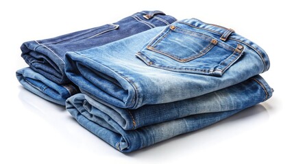 Stack of blue denim jeans with visible stitching and pockets