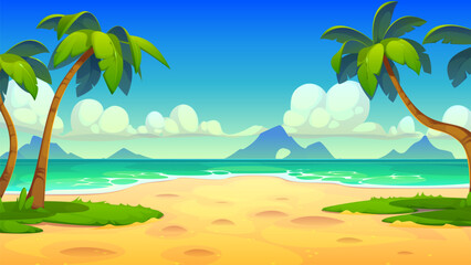 Cartoon tropical beach landscape at summer day vector background. Tropical sea island sand beach with green palm trees, sunny sky, ocean shore and blue water waves nature landscape game background © Vector Tradition