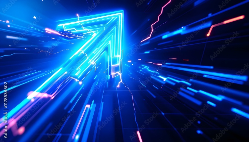 Poster Abstract blue arrow glowing with lighting and line grid on blue background technology hi-tech concept. Abstract glowing blue arrow with illuminated lines and grid on deep blue background in low light