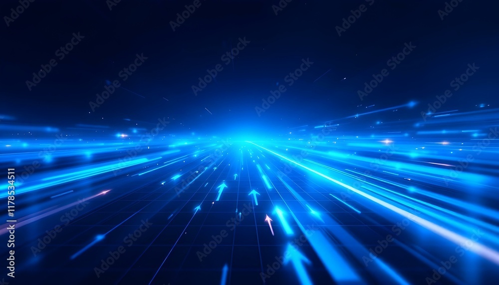 Poster Abstract blue arrow glowing with lighting and line grid on blue background technology hi-tech concept. Abstract glowing blue arrow with illuminated lines and grid on deep blue background in low light