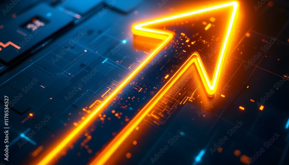 Poster Abstract blue arrow glowing with lighting and line grid on blue background technology hi-tech concept. Abstract glowing blue arrow with illuminated lines and grid on deep blue background in low light