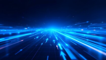Obraz premium Abstract blue arrow glowing with lighting and line grid on blue background technology hi-tech concept. Abstract glowing blue arrow with illuminated lines and grid on deep blue background in low light