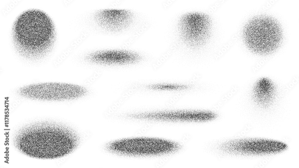 Poster Circle and oval spray noise grain figures. Vector black white dot pattern abstract round shapes with sand texture, halftone gradient brush or dotwork shadow effects. Noise grain circle and oval shapes