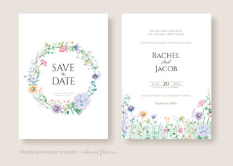 A set of wedding invitation and save-the-date cards with vibrant watercolor floral designs. Fully editable elements.