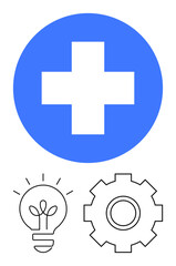 Blue cross evokes healthcare, light bulb symbolizes innovation, and gear reflects processes. Ideal for medical advancements, teamwork, problem-solving, creativity, operations, progress abstract line