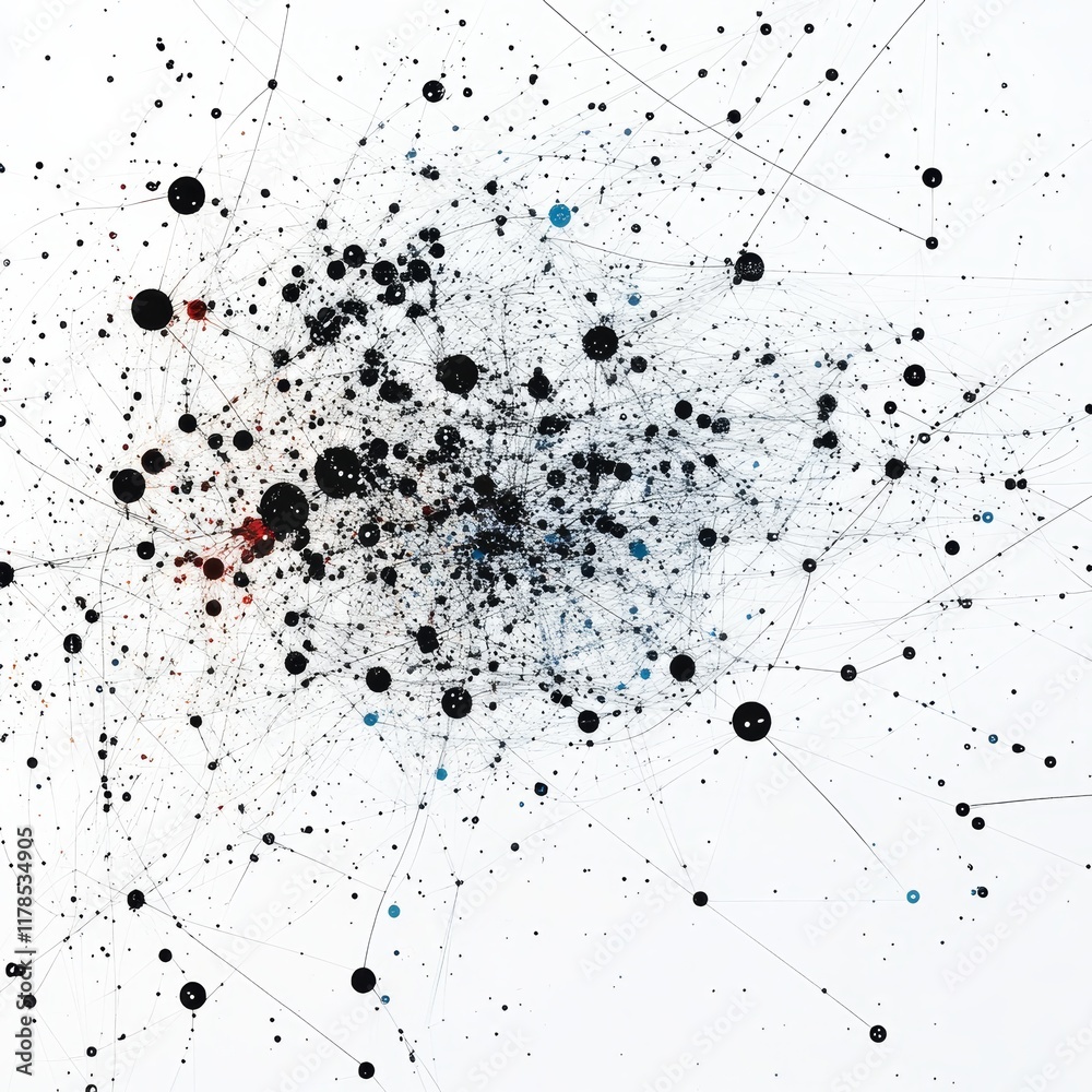 Poster abstract data structure with black and blue dots on blank white space for data visualization and des