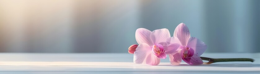 Minimal spa reception desk, single orchid flower