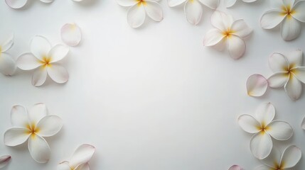 Fototapeta premium Elegant Plumeria flowers arranged on a bright white background, leaving plenty of copy space for text or designs