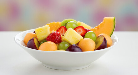 Delicious Fresh Fruit Salad in White Bowl Healthy Summer Treat Cantaloupe Pineapple Strawberries