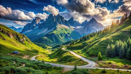 Serene Mountain Pass with Majestic Landscape and Copy Space for Travel Blog, Adventure Stories, and Nature Exploration