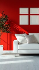 Red wall living room with white sofa and frames