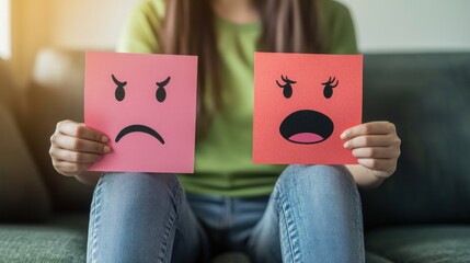 A person holding two emotion cards, one sad and one angry, representing feelings.