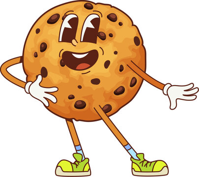 Cartoon cookie character full of groovy vibes. Isolated vector round cookie with chocolate chips with a playful expression, colorful sneakers, and a cheeky pose, ready for sweet bakery adventures