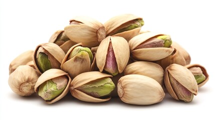 A close-up view of roasted salted pistachios in their shells, showcasing their natural green and brown colors, arranged in a heap on a white background
