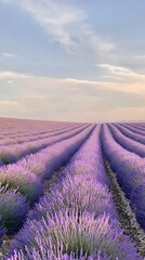 Fototapeta premium Tranquil lavender fields under a clear daytime sky, with rows of purple flowers stretching to the horizon. Captures the tranquility and beauty of nature