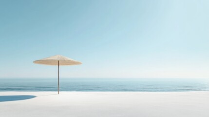 Single straw beach umbrella on a tranquil sandy beach under a clear blue sky.