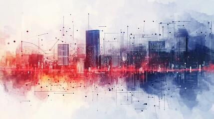 Naklejka premium Digital Watercolor Illustration of Urban Skyline with Abstract Lines and Patterns