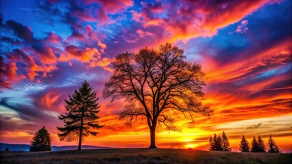 Obraz premium Silhouette of Trees at Sunset with Colorful Clouds - Majestic Nature Scene for Landscape Photography, Vibrant Skies, Evening Glow, Tranquil Atmosphere