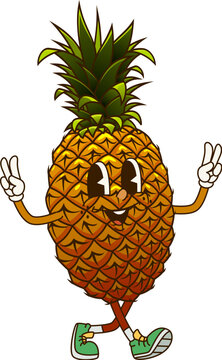 Naklejki Groovy pineapple fruit retro cartoon character with funky smile, vector emoji. Groovy pineapple with silly face and hippie peace sign gesture, funny fruit food character and retro cartoon personage