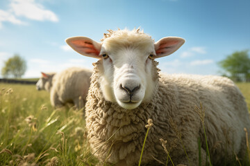 Close-Up of a Sheep Grazing in a Sunny Meadow with Blue Sky Background. Ai generative