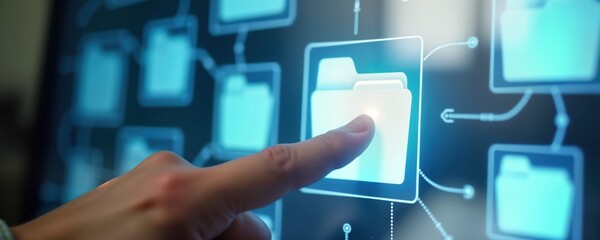 Hand touches digital folder on computer screen. Interactive file system display. Data management system on network. Online file transfer. Tech concept. Modern interface. Cloud storage service.
