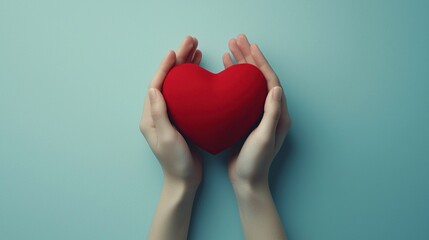 Pair of hands holding a red heart on a blue background, symbolizing love and care for the community, web banner with copy space.
