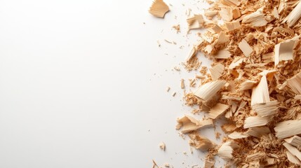 Heaped wood shavings and scattered sawdust on a clean white backdrop. Perfect for carpentry or woodworking concepts with copy space.