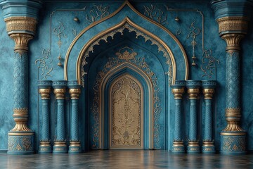 Ornate blue and gold arched doorway in grand palace interior.