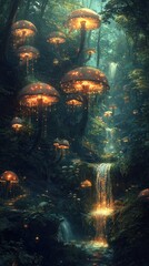 Naklejka premium A celestial forest where the canopy glows with radiant vines that stretch between towering trees. The forest floor is alive with shimmering mushrooms and glowing pathways, leading to a crystalline 