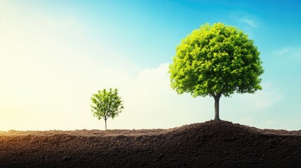 Fototapeta premium Juxtaposition of a small tree and a large tree on divided soil, emphasizing stages of growth and development.