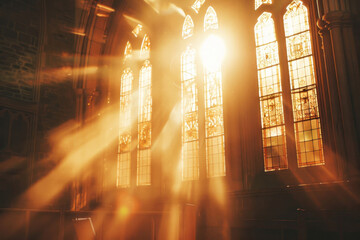 A closeup view shows the sun shining through large church windows, casting warm light and creating an atmosphere of hope in an empty church.