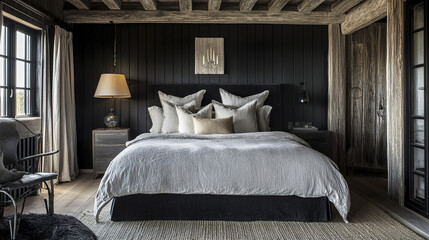 Cozy farmhouse bedroom with deep black tones and rustic decor