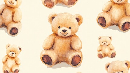A playful pattern featuring cute teddy bears in various sizes on a light background.