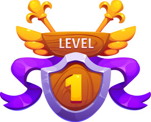 Game level up badge icon, victory rank shield. Arcade victory screen level up isolated vector icon. Gambling jackpot or game rating popup UI sign with golden wings, purple ribbon and wooden shield