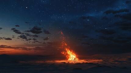 Fototapeta premium Lone fire in a desert sea of dunes as the day transitions to night, with stars twinkling in the darkening, expansive sky