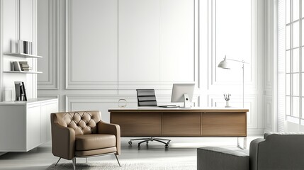 Modern Luxury Office Space with Armchair, Desk, Computer and Lamp