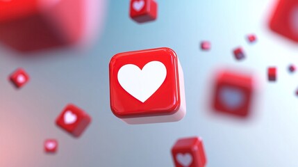 3D red social media-like icon floating in the air with a white heart inside, blurred background, cartoon style, low-angle shot, simple design, high resolution.
