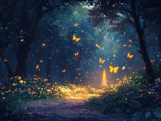 A celestial meadow glowing under a twilight sky filled with vibrant auroras. Bioluminescent butterflies flutter through the air, leaving trails of light, and radiant plants line a shimmering 