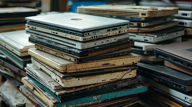 A Mountain of Old Technology: Capturing the Aged Charm of Vintage Laptops Stacked in a Unique Arrangement
