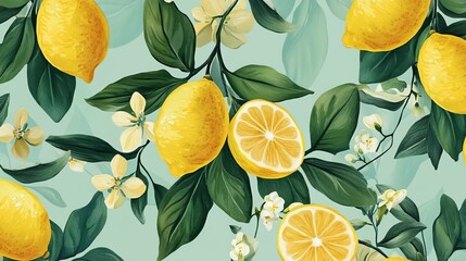 Seamless lemon pattern with green leaves, featuring jasmine floral elements in a decorative natural design suitable for fabric and wallpaper