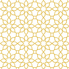 Seamless repeating Arabic Islamic geometric pattern featuring golden floral shapes forming intricate designs on a white background