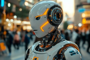 Fototapeta premium Close-up of a futuristic robot in a busy urban environment