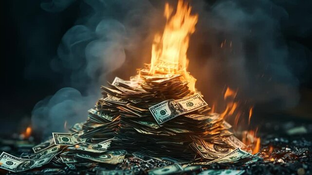 Dramatic Scene of Burning Money: A Visual Metaphor for Waste and Destruction in Modern Society